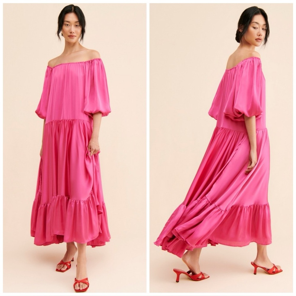 ERIKA PENA Anthropologie Bettina Pink Satin Off The Shoulder Maxi Dress Size S/M